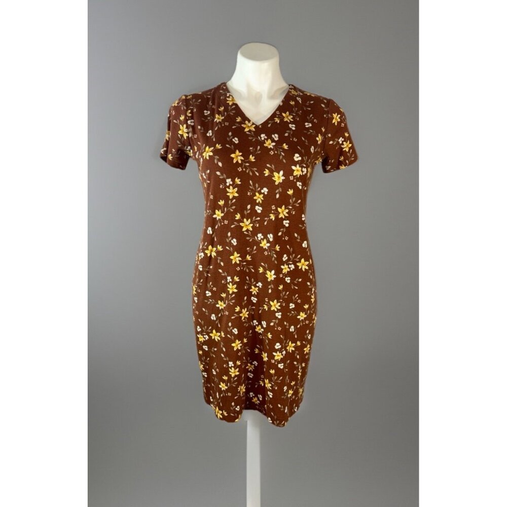B.T By Tavi Dress Womens Size Small brown with Yellow Floral short Sleeve V Neck